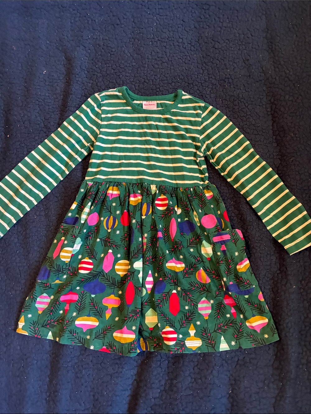 Hanna Andersson Green Striped Top with Ornament Print Skirt Dress